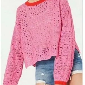 Pink Crochet Knit Sweater with Red Trim - Women Sweaters